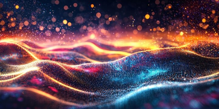 A surreal quantum landscape filled with pulsating energy and fluctuating light particles