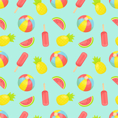 Colorful seamless summer pattern featuring hand-drawn beach balls, watermelon slices, pineapples, and popsicles on a bright aqua background. Hand drawn style