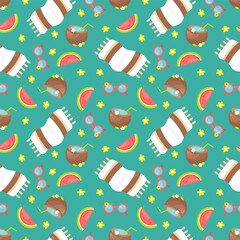 Seamless summer pattern featuring beach towels, coconuts with straws, watermelon slices, sunglasses with flowers, and tropical yellow flowers on a bright blue background. Hand-drawn vector style. 