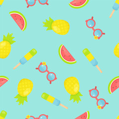 Seamless summer pattern featuring hand-drawn illustrations of watermelons, pineapples, popsicles, and  sunglasses on a bright blue background.  Perfect for kids' products, textiles, wrapping paper