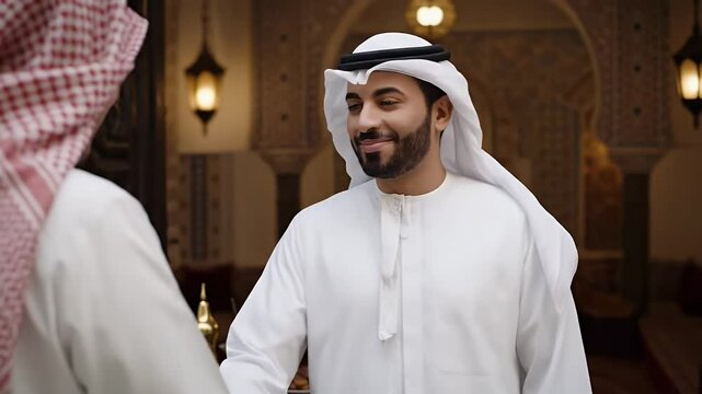 Smiling Emirati Man Welcoming Guest in Traditional Arabian Courtyard
