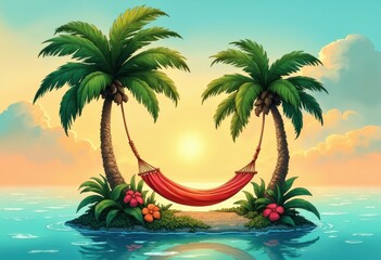 Naklejka premium Woman relaxing in a hammock between palm trees on a floating island