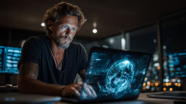 Man using a laptop with Access Management on the keyboard is analyzing and developing various information about authentication authorization, privileged access management, and user identity records.