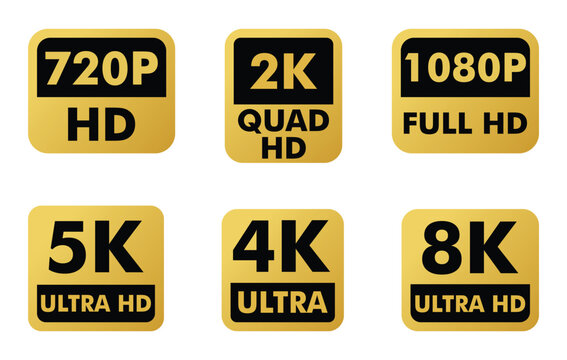 HD Video Resolution Logos: 720p, 2K, 1080p, 5K, 4K, 8K Vector Set.