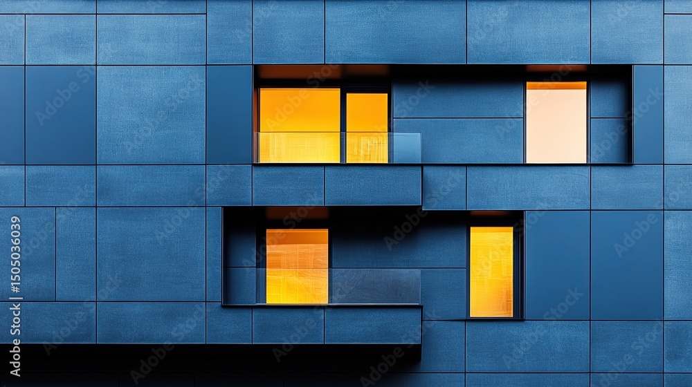 Poster a modern building facade featuring blue tiles and illuminated windows creating a geometric pattern