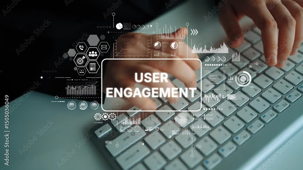 Poster hands typing on keyboard with overlay graphics illustrating user engagement and data analysis concep