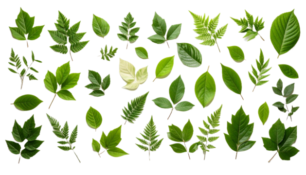 Collection of Isolated Green Leaves Displaying Various Shapes and Sizes Representing Nature and Environmental Concepts
