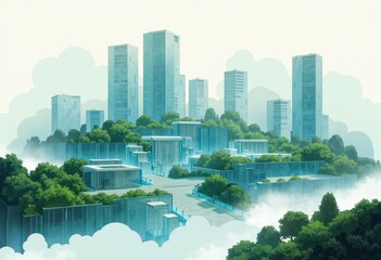Fototapeta premium Abstract cityscape illustration in glassmorphism style with translucent buildings