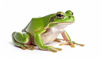 Obraz premium A Vibrant Green Frog Sitting Alone With Visible White Belly And Bright Yellow Legs