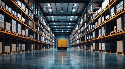 A view down the aisle of a large warehouse with shelves and a truck at the end of the aisle