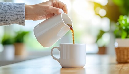 Morning Coffee Pouring from White Pitcher into White Mug on Wooden Table Background