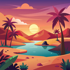 Obraz premium Sunset Oasis. Serene Desert Landscape with Palm Trees and River