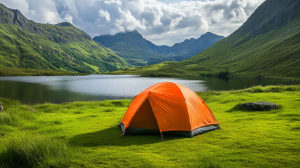 A bright orange tent pitched on a grassy field next to a lake in a beautiful mountain landscape