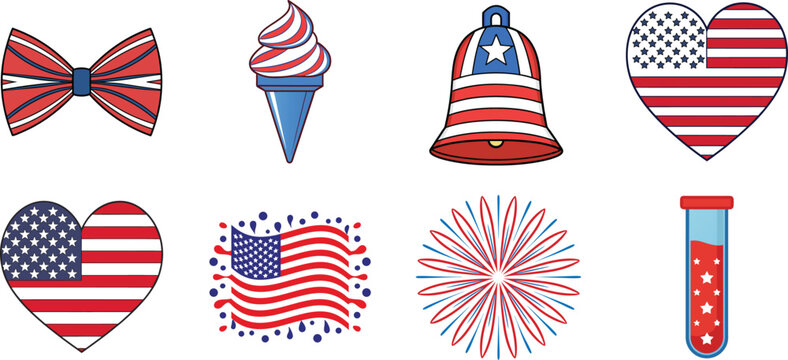 Patriotic american themed set of vector elements featuring various symbols for fourth of july celebrations and designs