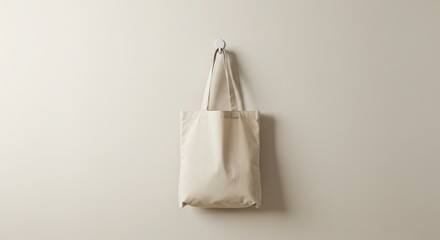 A simple, off-white tote bag hangs on a hook against a plain wall.