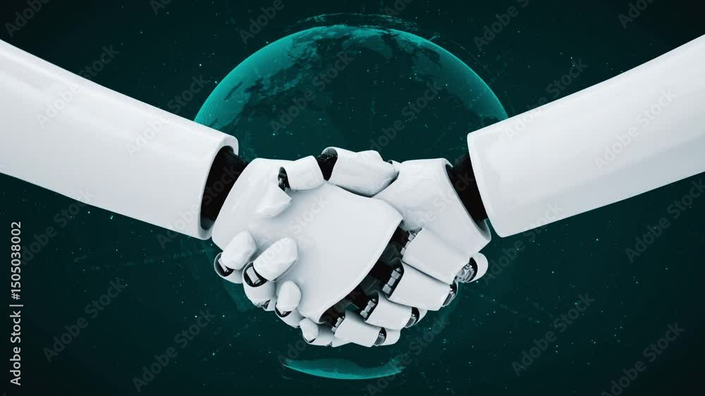 Poster 3d rendering hominoid robot handshake to collaborate future technology development by ai thinking br