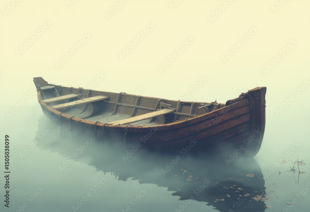 Poster rowboat floating on a foggy river at dawn, creating a serene atmosphere