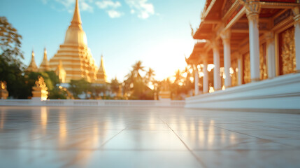 Golden temples glisten in the soft sunlight, set against a clear blue sky, creating a serene and spiritual atmosphere. Smooth tiled floors reflect the warmth.