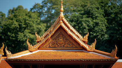 Fototapeta premium Ornate temple roof against a backdrop of lush greenery, featuring golden accents and intricate architectural details in daylight.