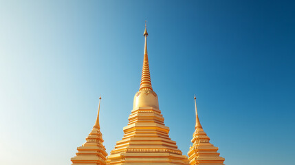 Fototapeta premium Golden pagodas rise against a clear sky, symbols of serenity and devotion. The intricate design showcases architectural artistry. A place for spiritual reflection.