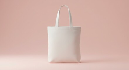 A blank white tote bag stands against a pale pink backdrop.