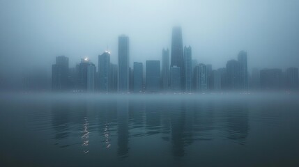 Fototapeta premium City skyline obscured by dense fog reflected in the water creating a mysterious atmosphere view