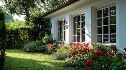 A charming view of a white house with window boxes filled with vibrant red roses in a lush garden