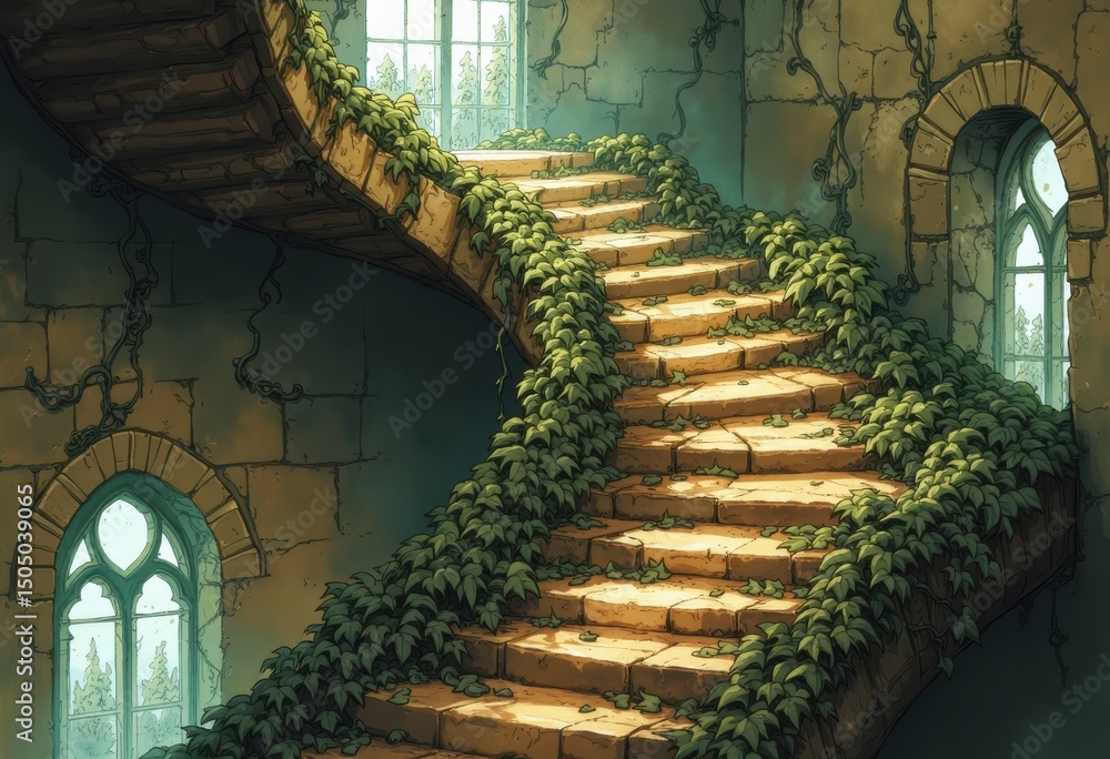Aufkleber spiral staircase adorned with trailing ivy and colorful windows