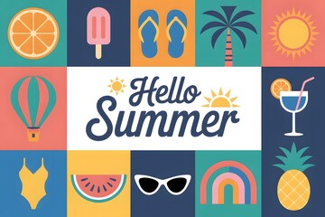 Hello Summer Icons Collection Orange Slice, Popsicle, Flip Flops, Coconut Tree, Sun