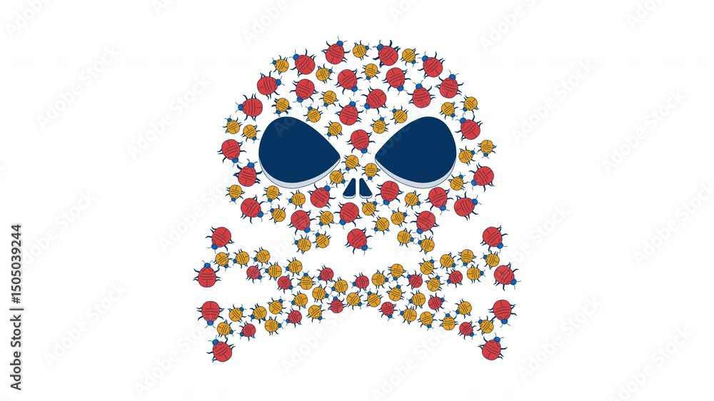 Poster danger skull crossbones made of digital bugs 2d animation. pests infestation hacker cybersecurity. m
