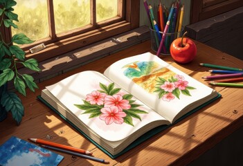 Open sketchbook with colorful flower illustrations and pencils on a desk