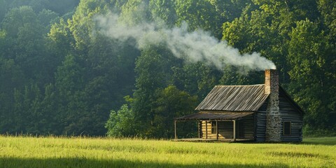 A traditional wooden cabin in the countryside, with smoke rising from the chimney
