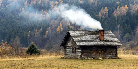 A traditional wooden cabin in the countryside, with smoke rising from the chimney