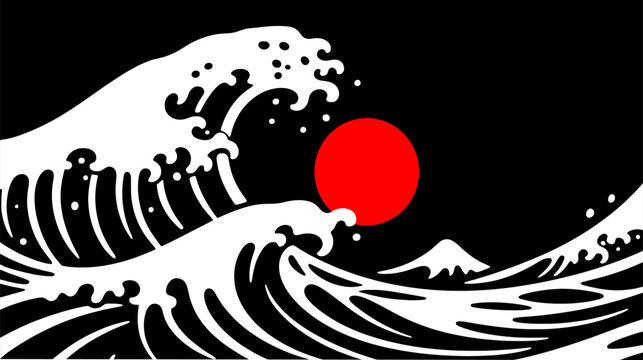 vector of black and white Japanese wave illustration with a red circle in the center, set on a deep black background.