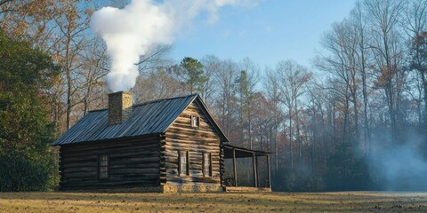 A traditional wooden cabin in the countryside, with smoke rising from the chimney