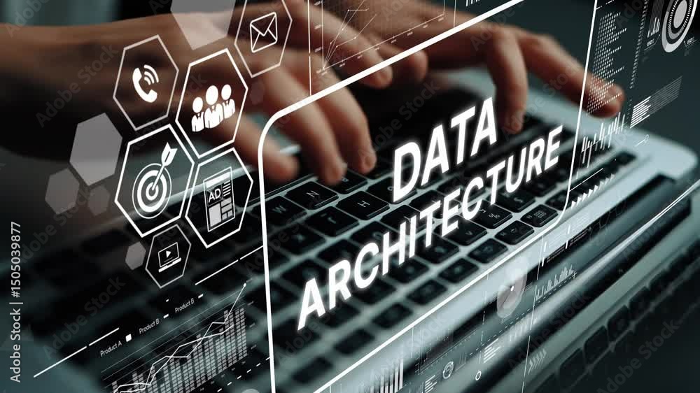 Poster modern data architecture with analytical graphics and computer keyboard in focus for technology and 
