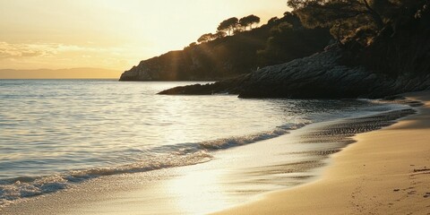 A tranquil beach scene with the sun dipping below the horizon, casting golden reflections on the water