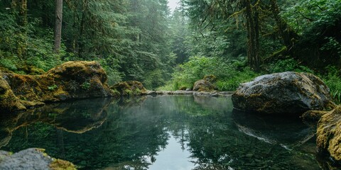 A tranquil hot spring surrounded by mossy rocks and thick forest vegetation