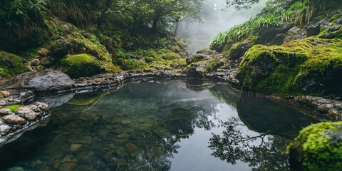 A tranquil hot spring surrounded by mossy rocks and thick forest vegetation
