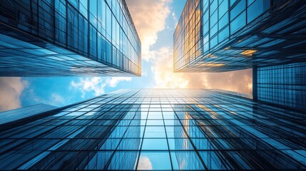 Worm's eye view of modern glass skyscrapers against a sky with clouds and sunlight at sunset