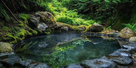A tranquil hot spring surrounded by mossy rocks and thick forest vegetation