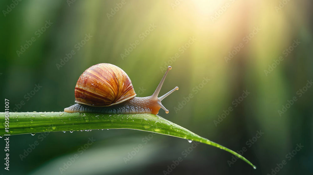 Poster snail shell green leaf dew sunlight nature macro animal slow. snail with brown shell moves slowly on