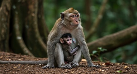 Naklejka premium Mother Monkey and Baby: A Tender Moment in Nature's Embrace