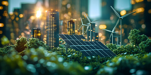 Sustainable City Energy with Solar Panels and Wind Turbines at Sunset