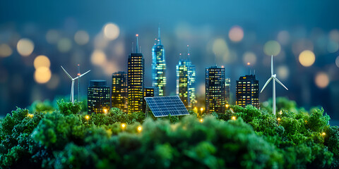Sustainable City Energy with Solar Panels and Wind Turbines at Sunset