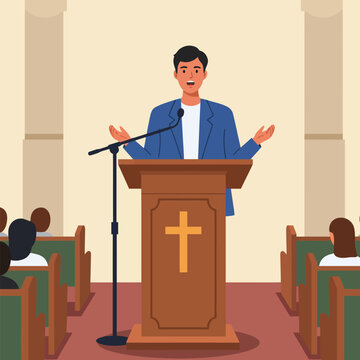 Man Giving Speech From Pulpit in Church with Congregation Listening