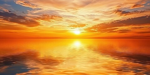 A tranquil lake reflecting the warm hues of a golden sunset