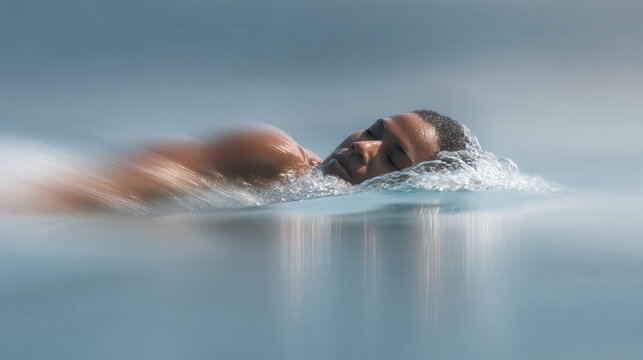 dynamic portrait of winter swimmer captured in motion emphasizing silhouette against blurred background