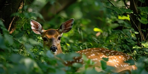 A tranquil moment of deer resting under dense foliage in a lush green forest