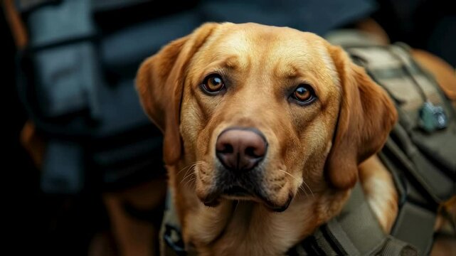 Alert Fox Red Labrador Retriever Wearing Tactical Vest